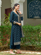 Embroidered Kurta With Pant & Embroidered Dupatta, Teal - Hiral Fashion - Distacart