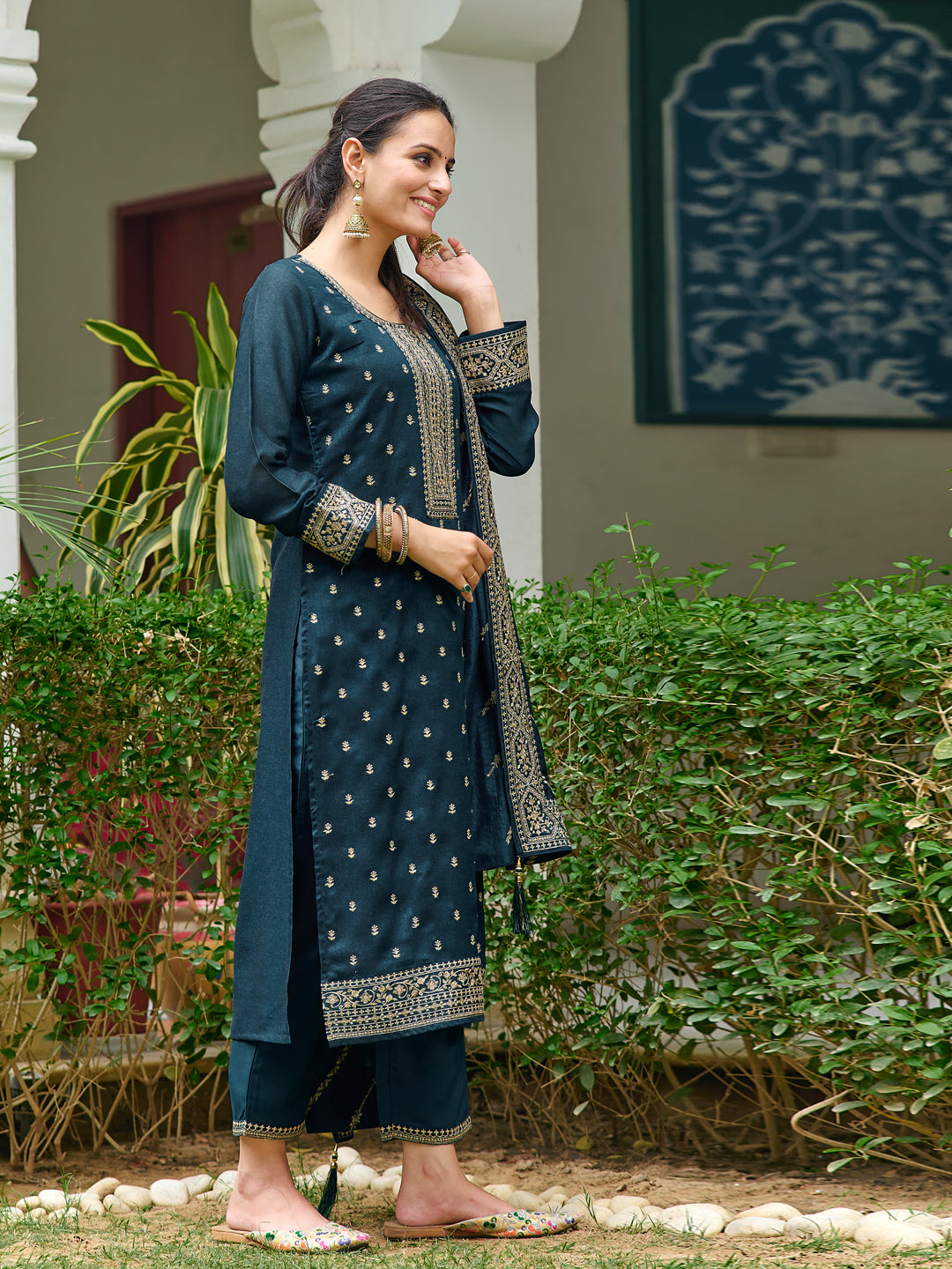 Embroidered Kurta With Pant & Embroidered Dupatta, Teal - Hiral Fashion - Distacart