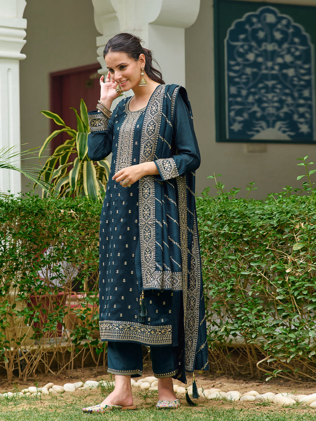 Embroidered Kurta With Pant & Embroidered Dupatta, Teal - Hiral Fashion - Distacart