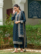 Embroidered Kurta With Pant & Embroidered Dupatta, Teal - Hiral Fashion - Distacart