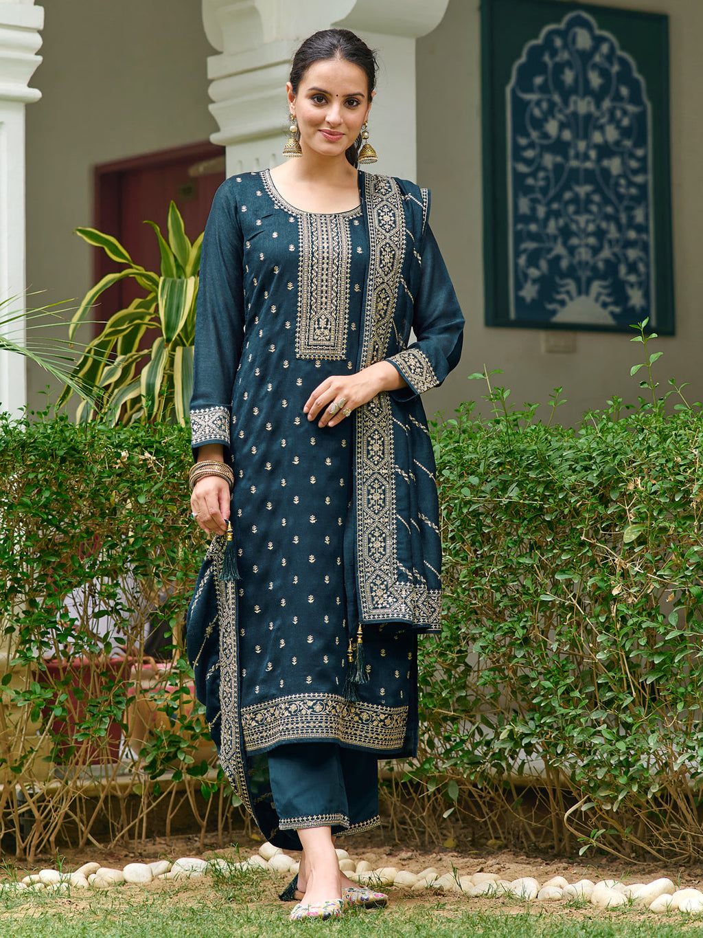 Embroidered Kurta With Pant & Embroidered Dupatta, Teal - Hiral Fashion - Distacart
