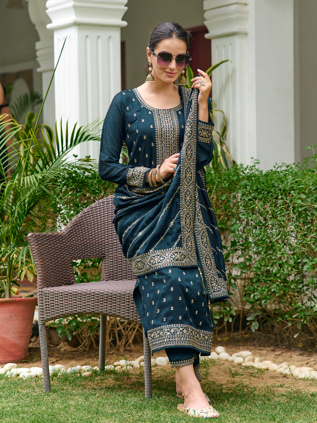 Embroidered Kurta With Pant & Embroidered Dupatta, Teal - Hiral Fashion - Distacart