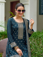 Embroidered Kurta With Pant & Embroidered Dupatta, Teal - Hiral Fashion - Distacart