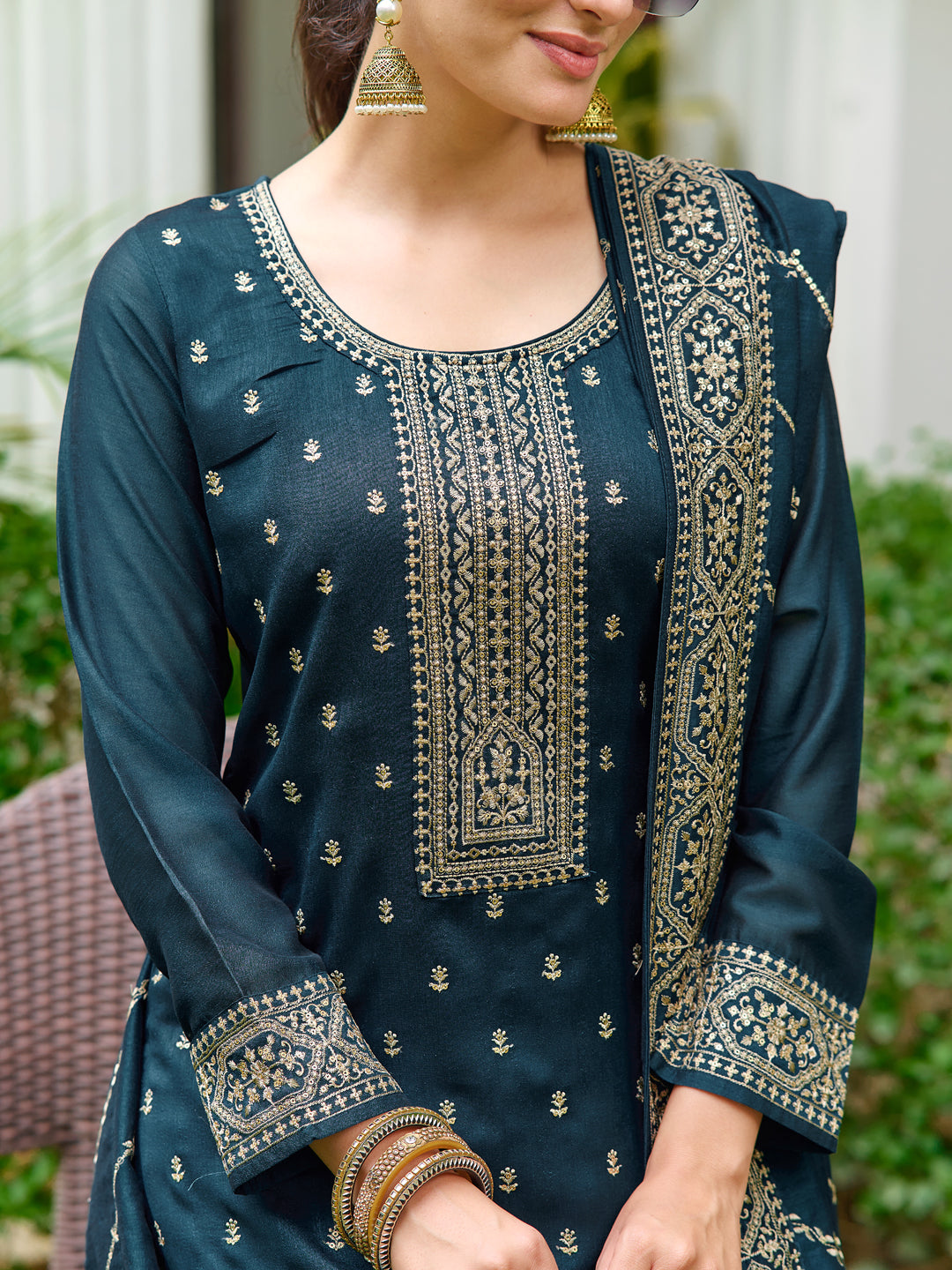 Embroidered Kurta With Pant & Embroidered Dupatta, Teal - Hiral Fashion - Distacart