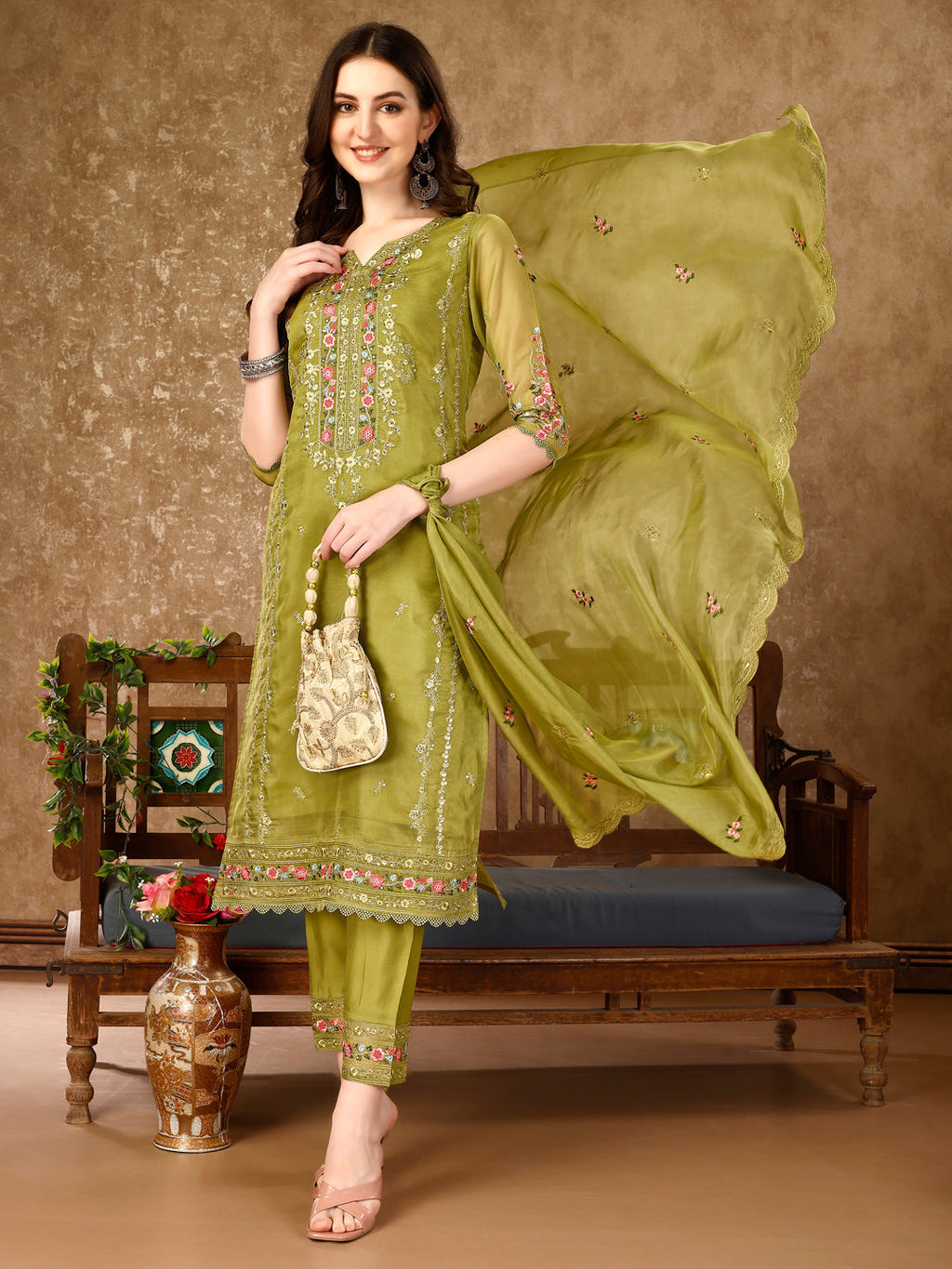 Pakistani Embroidered Organza Kurta With Pant & Embroidered Dupatta Luxury Premium, Multicolor - Hiral Fashion - Distacart