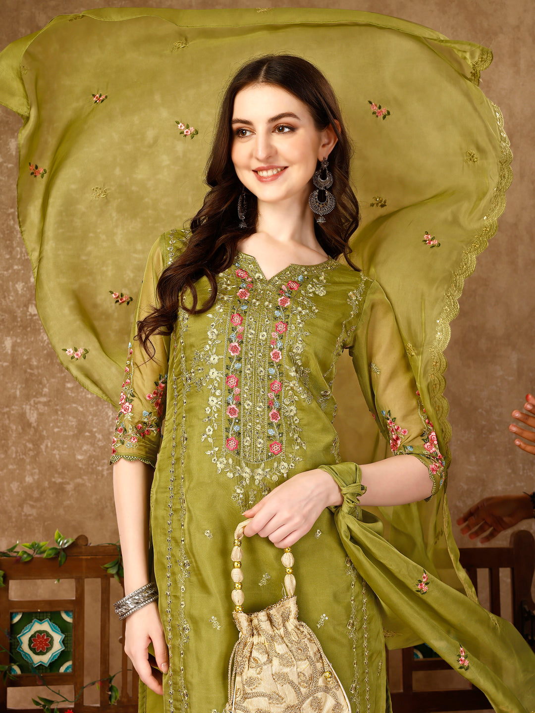 Pakistani Embroidered Organza Kurta With Pant & Embroidered Dupatta Luxury Premium, Multicolor - Hiral Fashion - Distacart