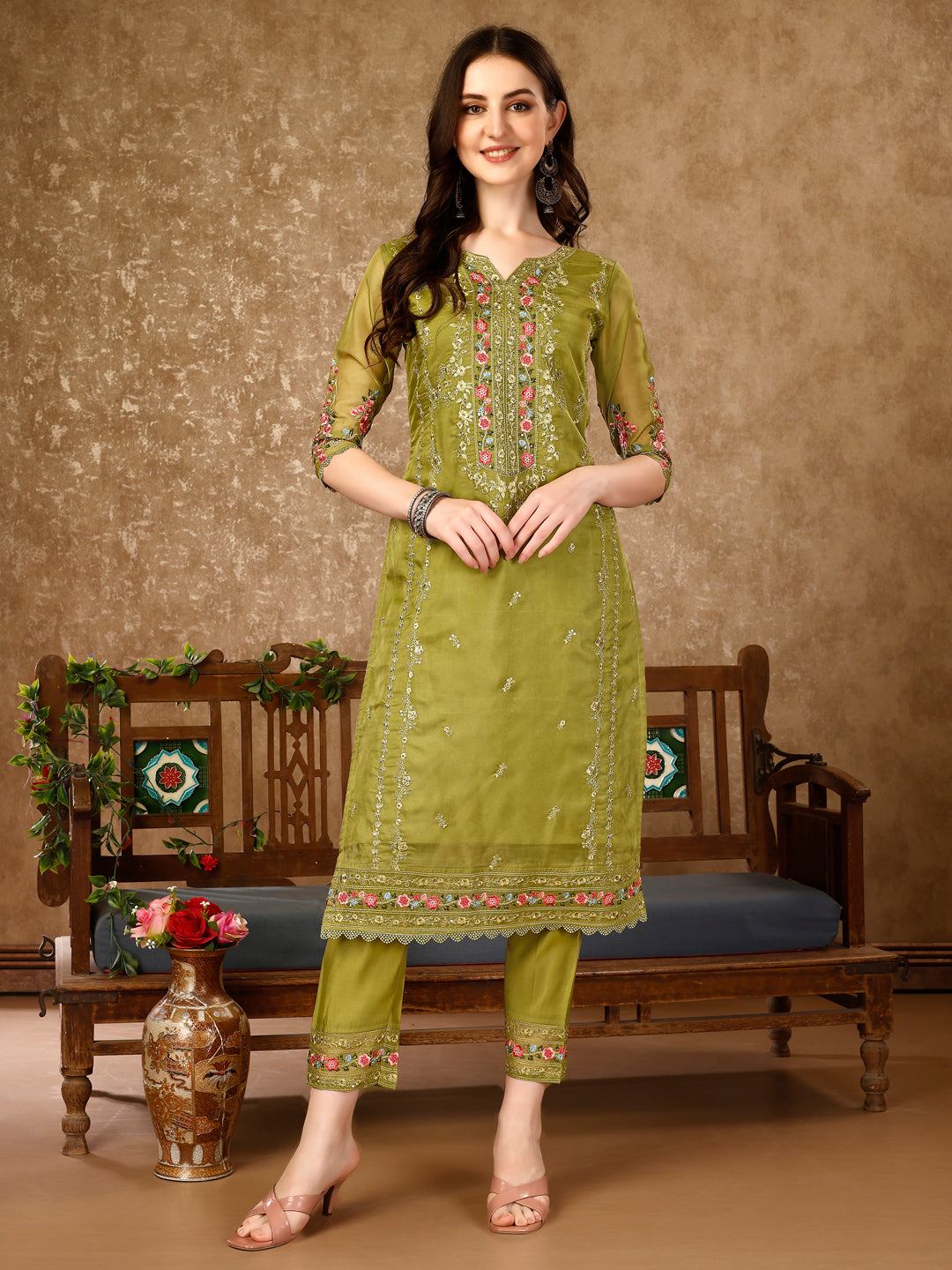 Pakistani Embroidered Organza Kurta With Pant & Embroidered Dupatta Luxury Premium, Multicolor - Hiral Fashion - Distacart