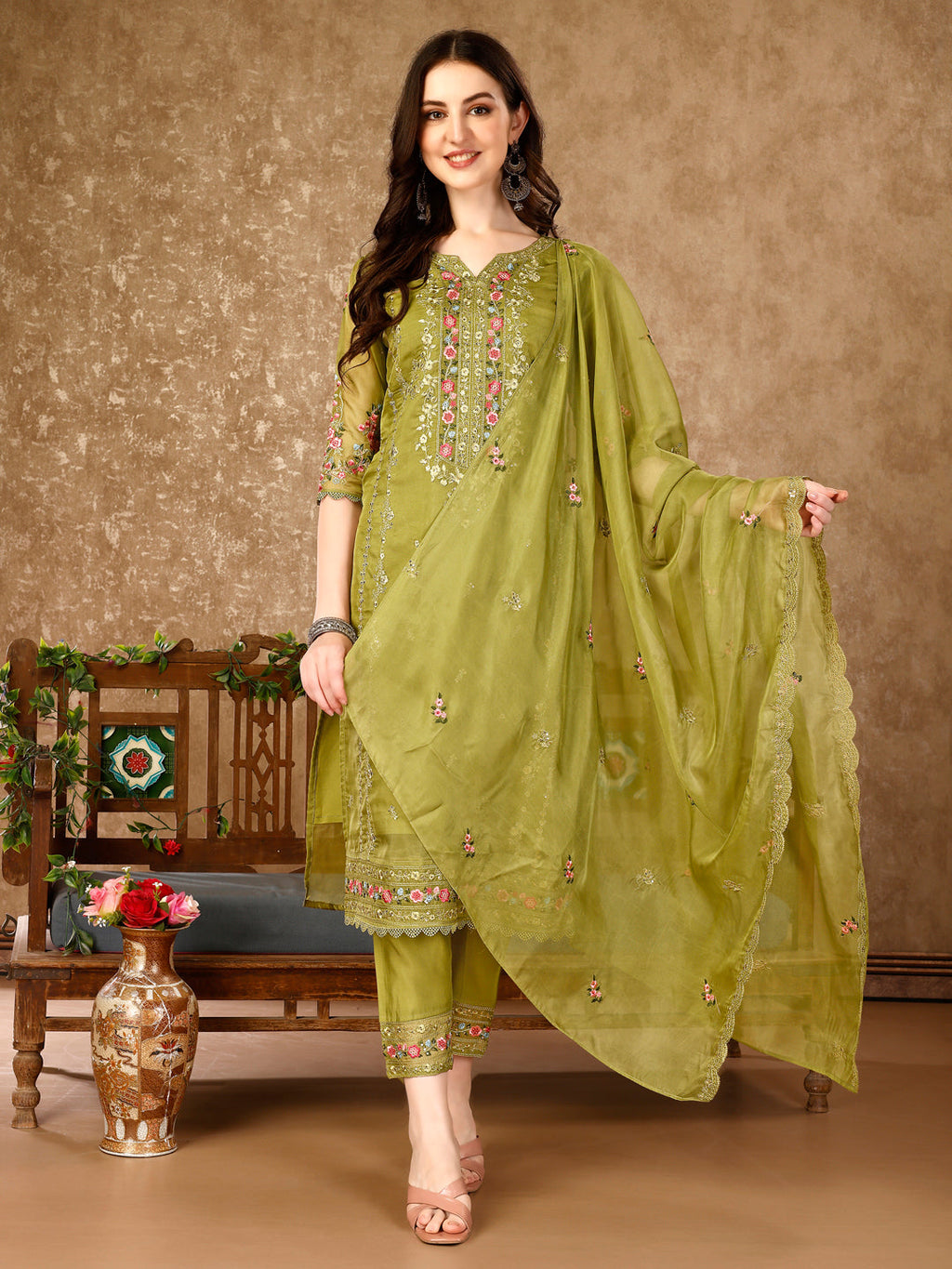 Pakistani Embroidered Organza Kurta With Pant & Embroidered Dupatta Luxury Premium, Multicolor - Hiral Fashion - Distacart