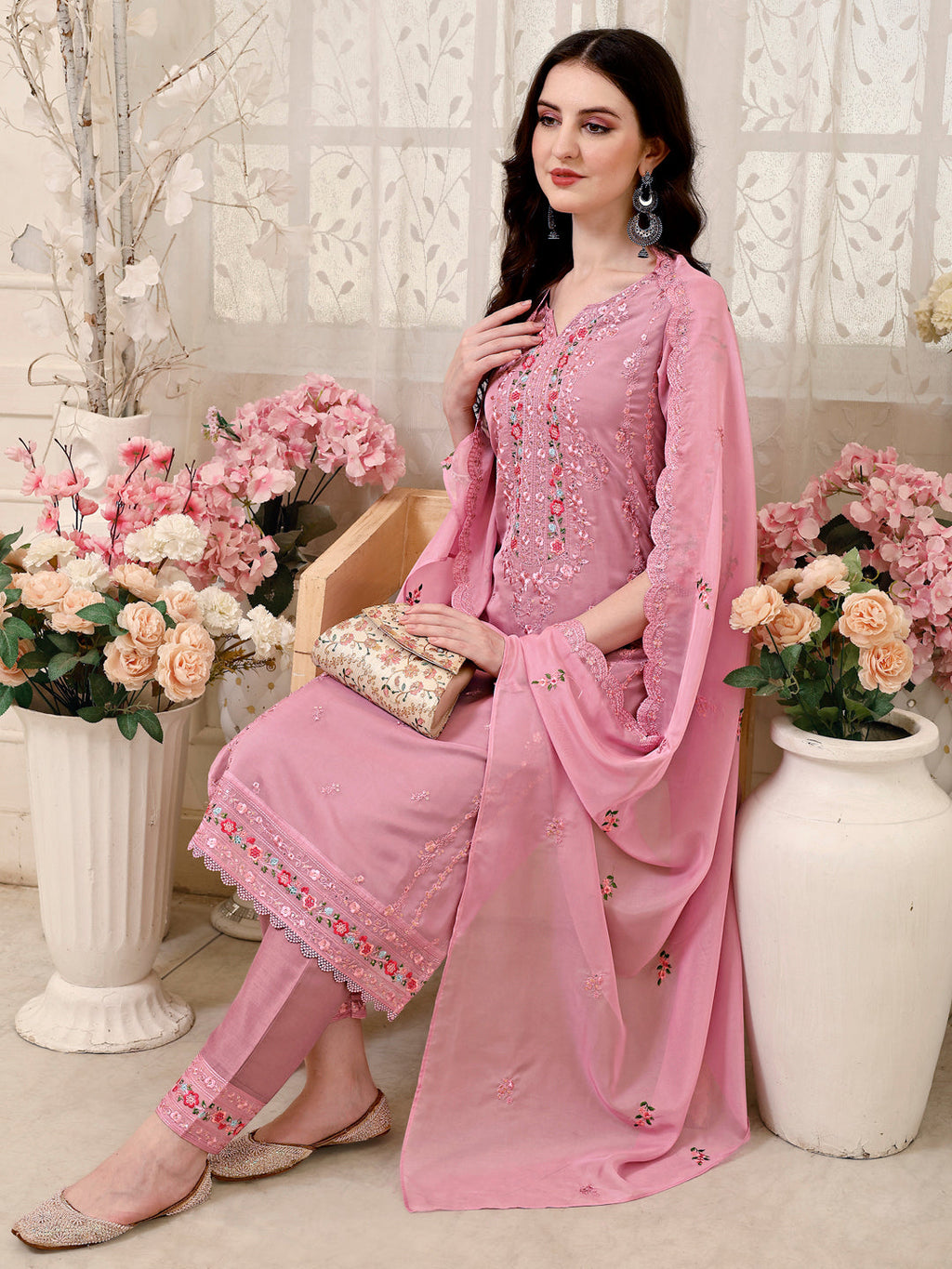 Pakistani Embroidered Organza Kurta With Pant & Embroidered Dupatta Luxury Premium, Multicolor - Hiral Fashion