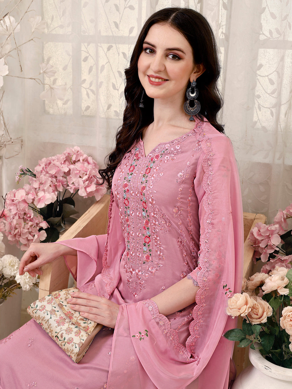Pakistani Embroidered Organza Kurta With Pant & Embroidered Dupatta Luxury Premium, Multicolor - Hiral Fashion