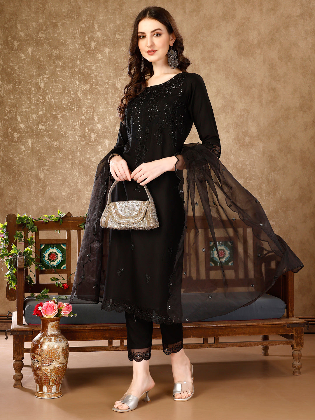 Pakistani Sequinned Embroidered Kurta With Pant & Embroidered Organza Dupatta Luxury Premium, Multicolor - Hiral Fashion
