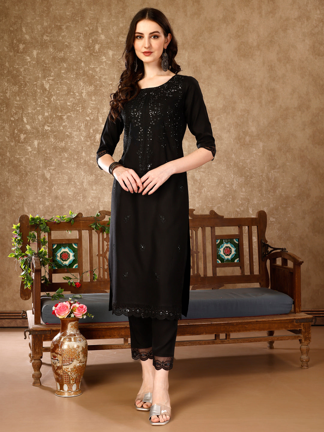Pakistani Sequinned Embroidered Kurta With Pant & Embroidered Organza Dupatta Luxury Premium, Multicolor - Hiral Fashion