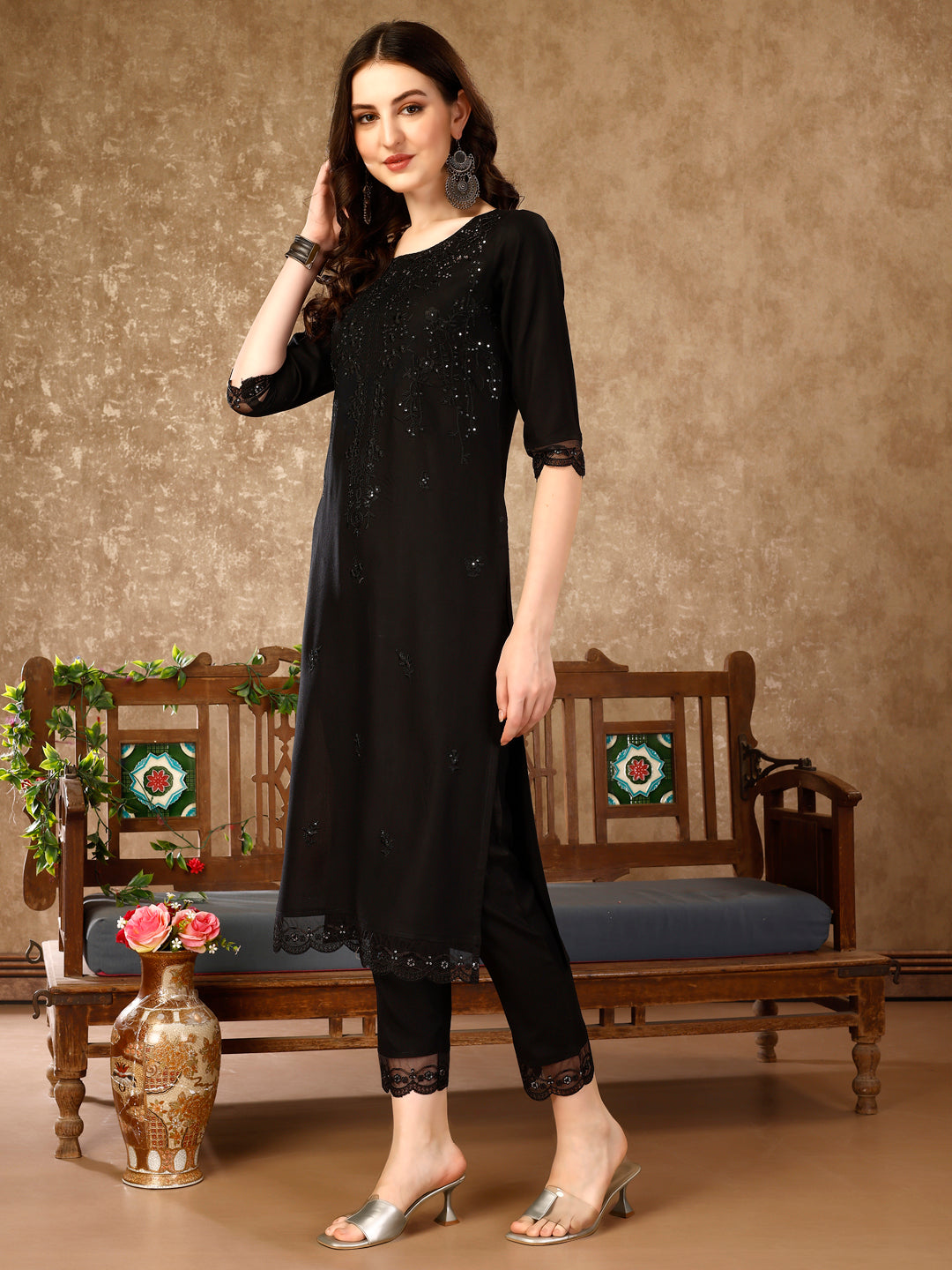 Pakistani Sequinned Embroidered Kurta With Pant & Embroidered Organza Dupatta Luxury Premium, Multicolor - Hiral Fashion