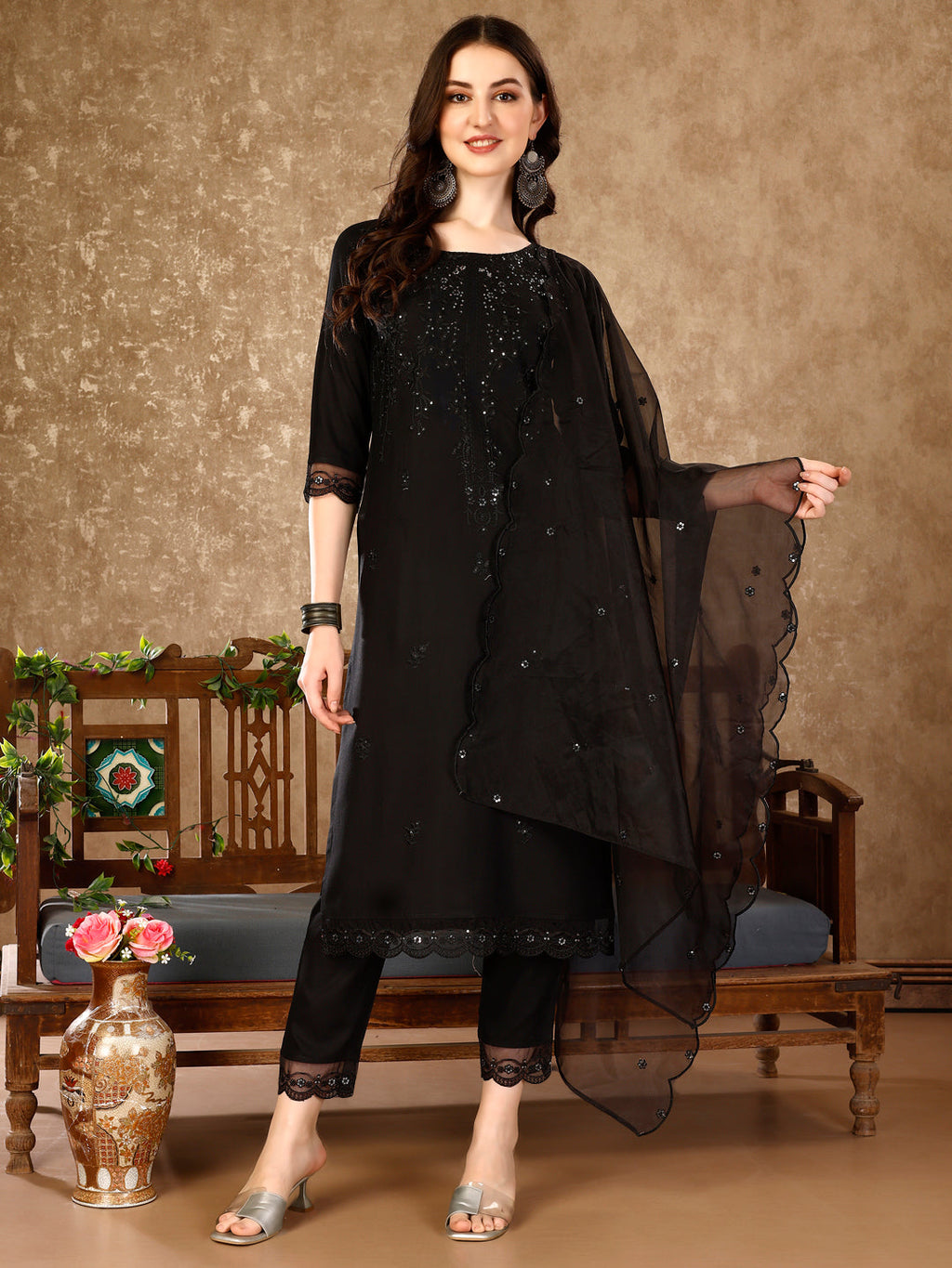 Pakistani Sequinned Embroidered Kurta With Pant & Embroidered Organza Dupatta Luxury Premium, Multicolor - Hiral Fashion