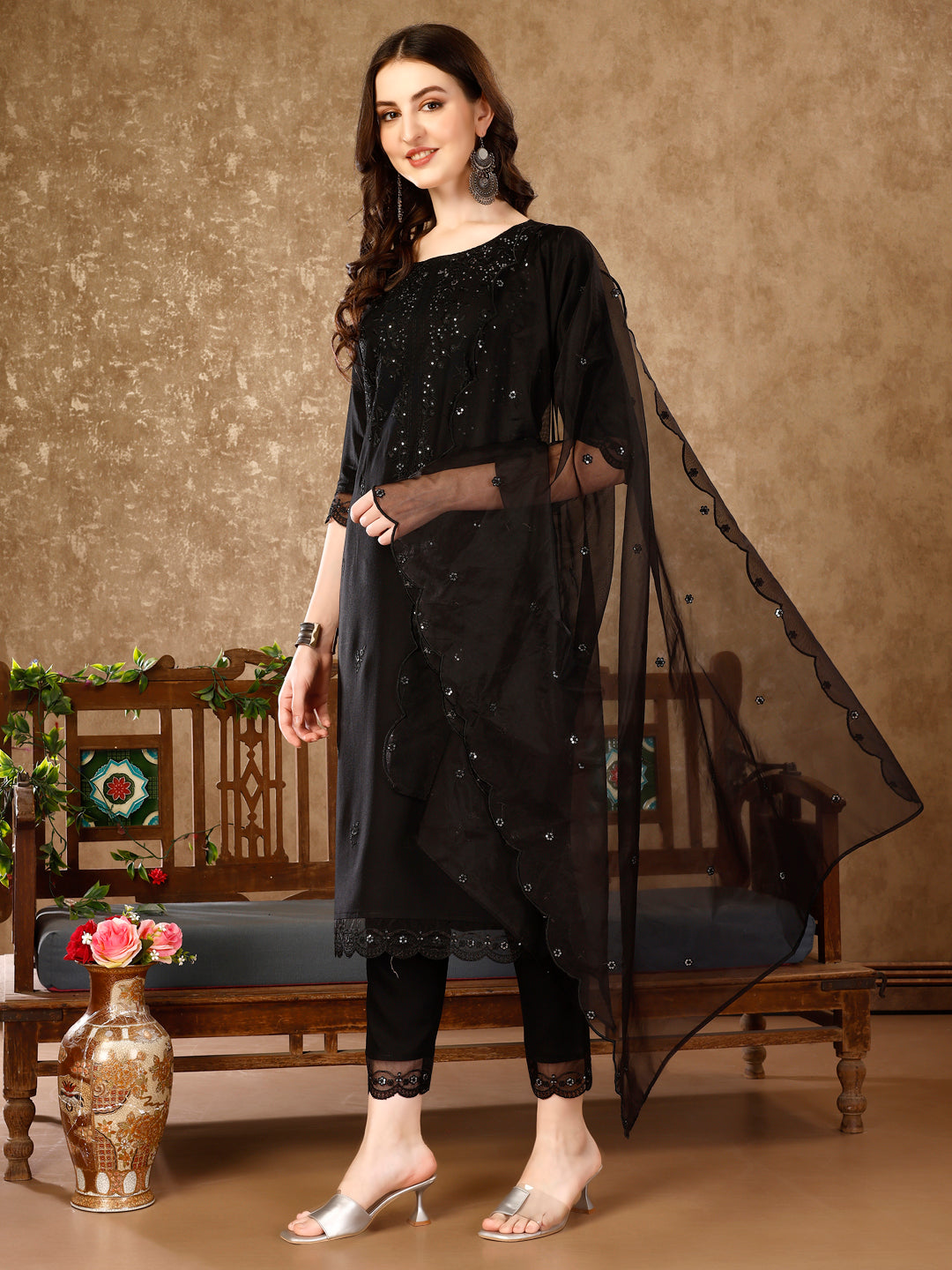 Pakistani Sequinned Embroidered Kurta With Pant & Embroidered Organza Dupatta Luxury Premium, Multicolor - Hiral Fashion