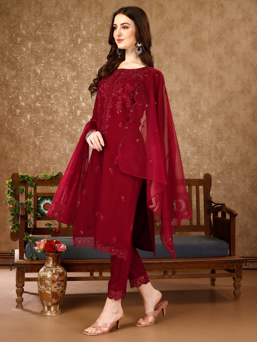 Pakistani Sequined Embroidered Kurta With Pant & Embroidered Organza Dupatta Luxury Premium, Multicolor - Hiral Fashion