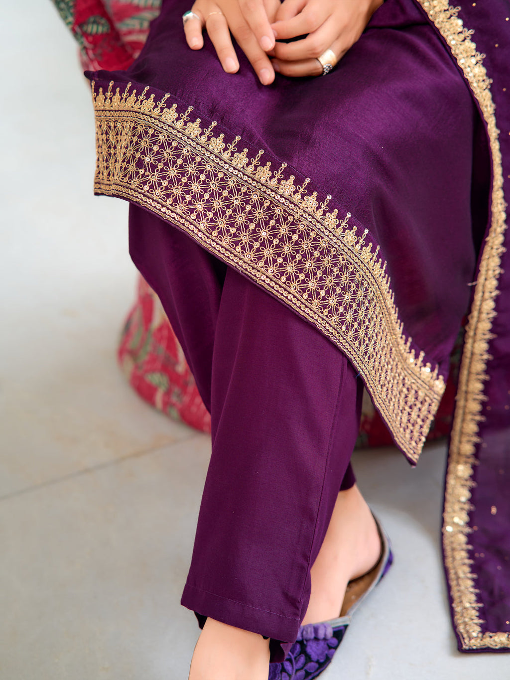 Embroidered Kurta With Pant & Printed Dupatta, Wine - Hiral Fashion - Distacart