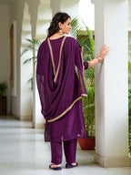 Embroidered Kurta With Pant & Printed Dupatta, Wine - Hiral Fashion - Distacart