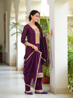 Embroidered Kurta With Pant & Printed Dupatta, Wine - Hiral Fashion - Distacart