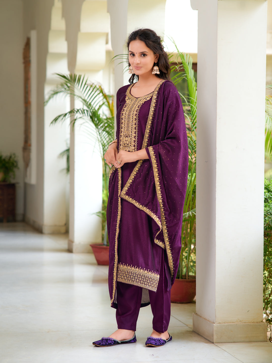 Embroidered Kurta With Pant & Printed Dupatta, Wine - Hiral Fashion - Distacart