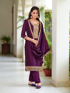 Embroidered Kurta With Pant & Printed Dupatta, Wine - Hiral Fashion - Distacart