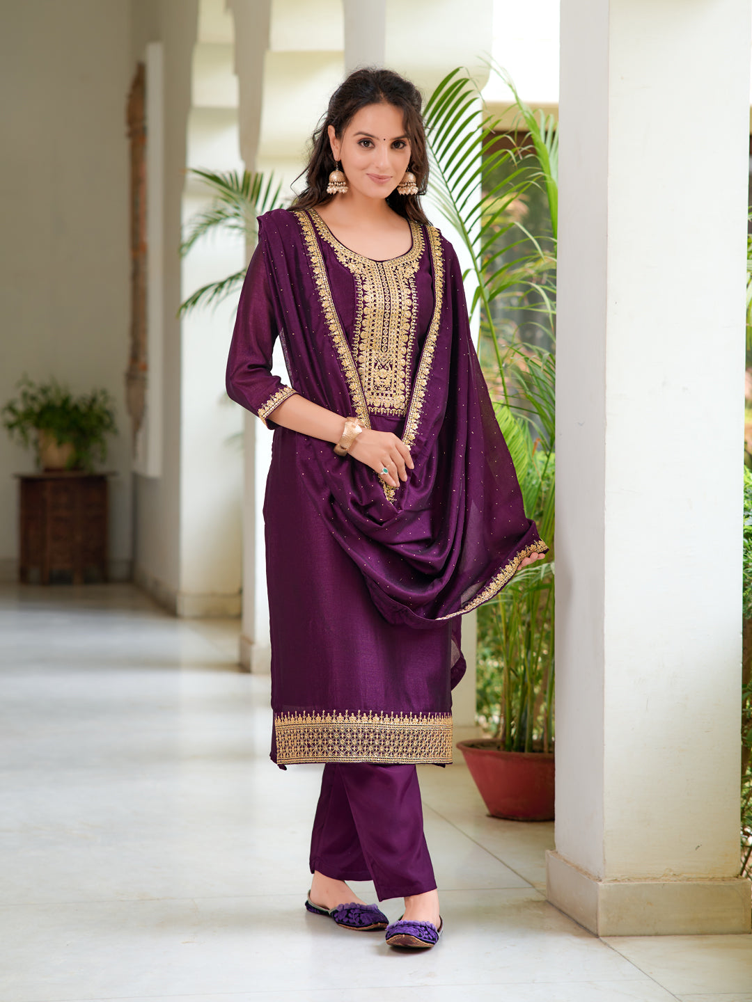 Embroidered Kurta With Pant & Printed Dupatta, Wine - Hiral Fashion - Distacart