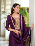 Embroidered Kurta With Pant & Printed Dupatta, Wine - Hiral Fashion - Distacart