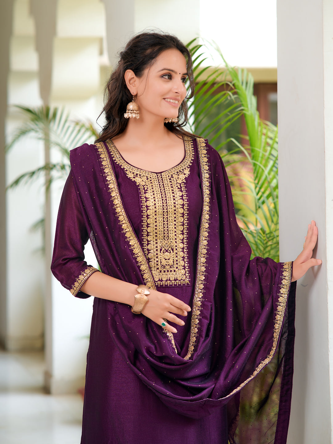 Embroidered Kurta With Pant & Printed Dupatta, Wine - Hiral Fashion - Distacart
