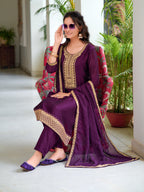 Embroidered Kurta With Pant & Printed Dupatta, Wine - Hiral Fashion - Distacart