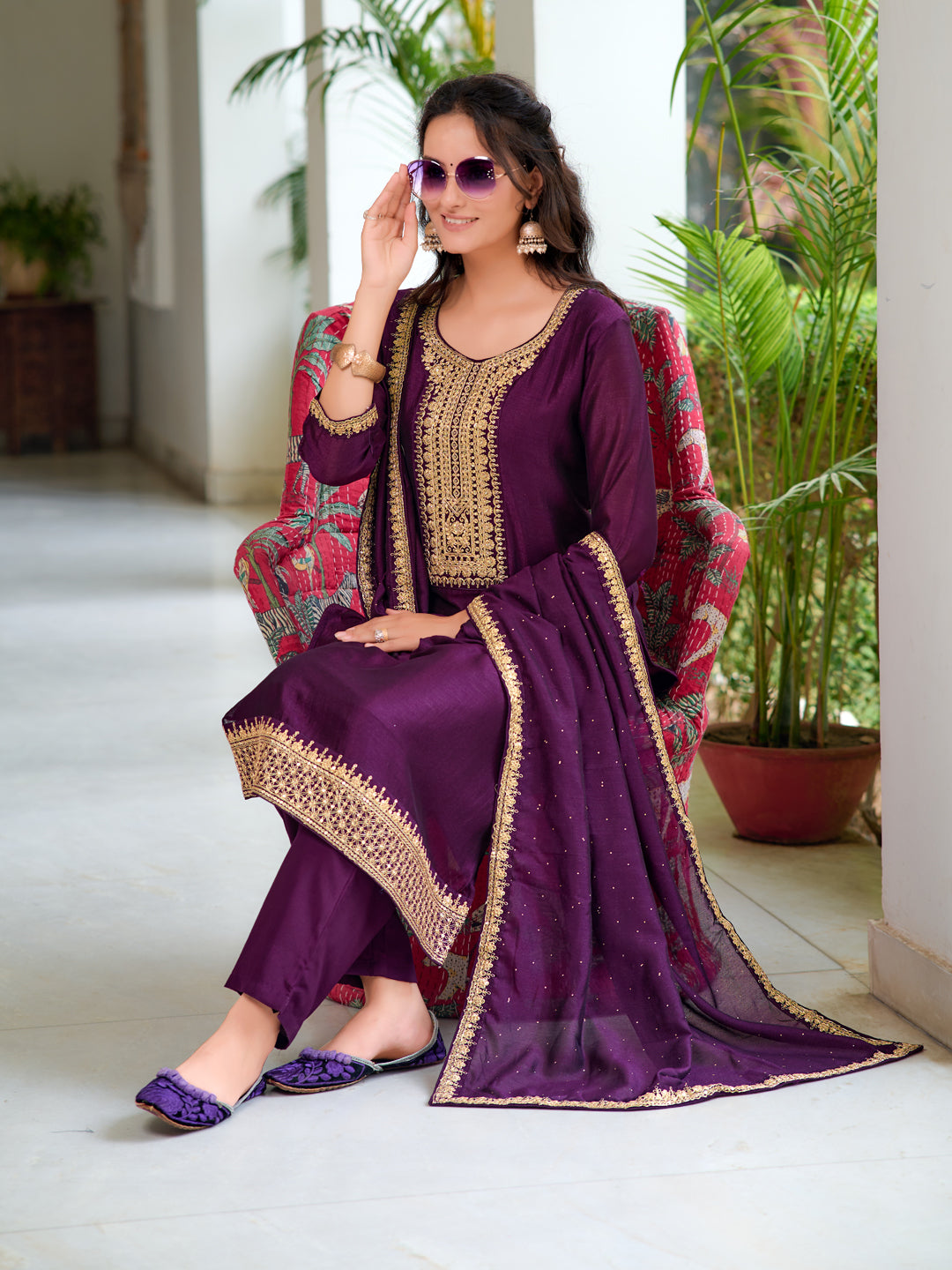 Embroidered Kurta With Pant & Printed Dupatta, Wine - Hiral Fashion - Distacart