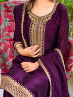 Embroidered Kurta With Pant & Printed Dupatta, Wine - Hiral Fashion - Distacart