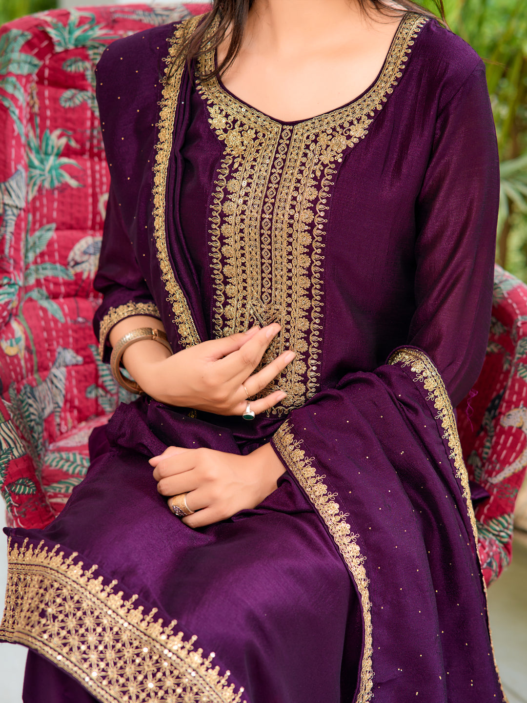Embroidered Kurta With Pant & Printed Dupatta, Wine - Hiral Fashion - Distacart