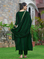 Anarkali Embroidered Kurta With Pant & Dupatta, Bottle-Green - Hiral Fashion - Distacart