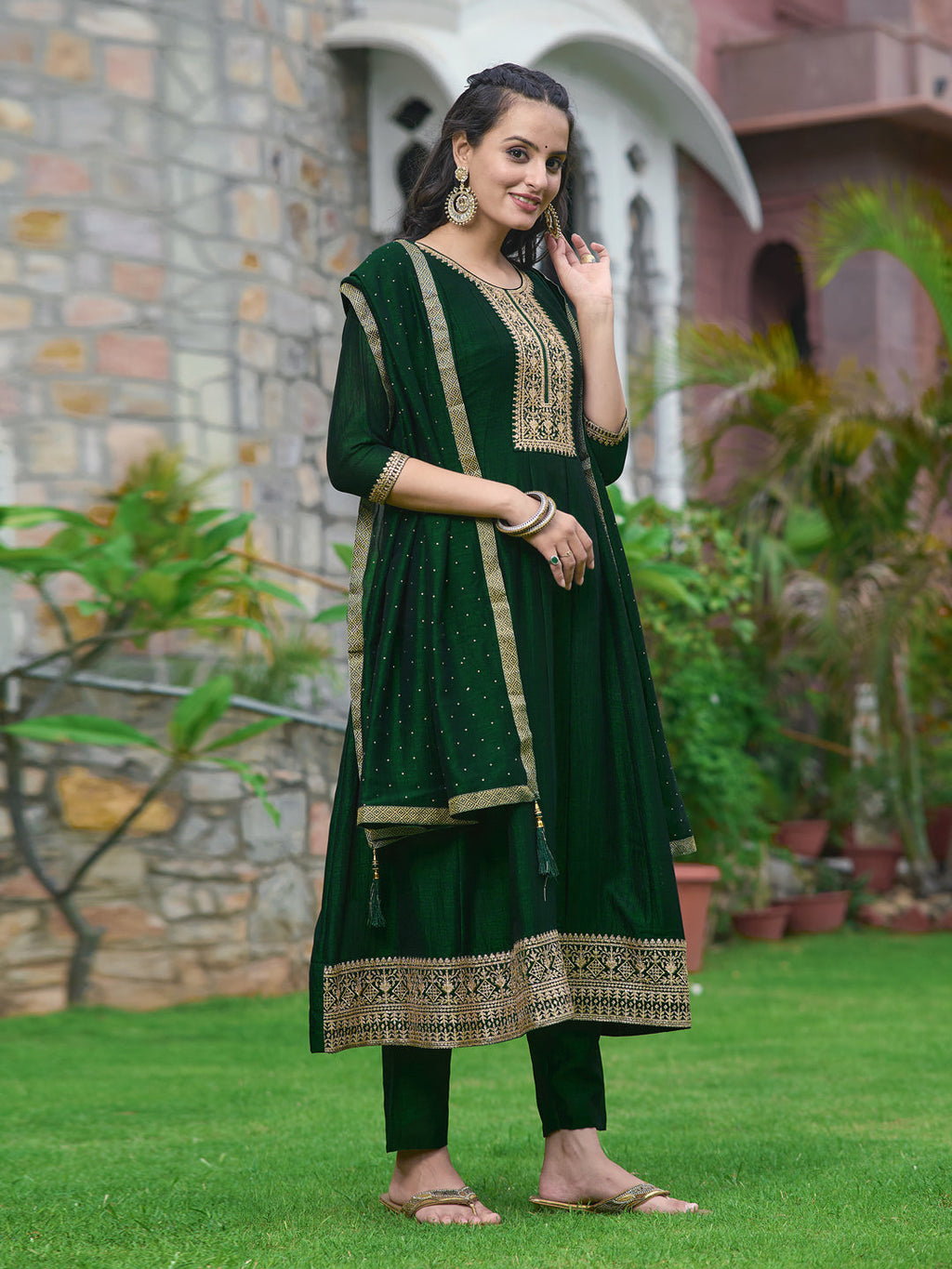 Anarkali Embroidered Kurta With Pant & Dupatta, Bottle-Green - Hiral Fashion - Distacart