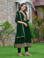 Anarkali Embroidered Kurta With Pant & Dupatta, Bottle-Green - Hiral Fashion - Distacart