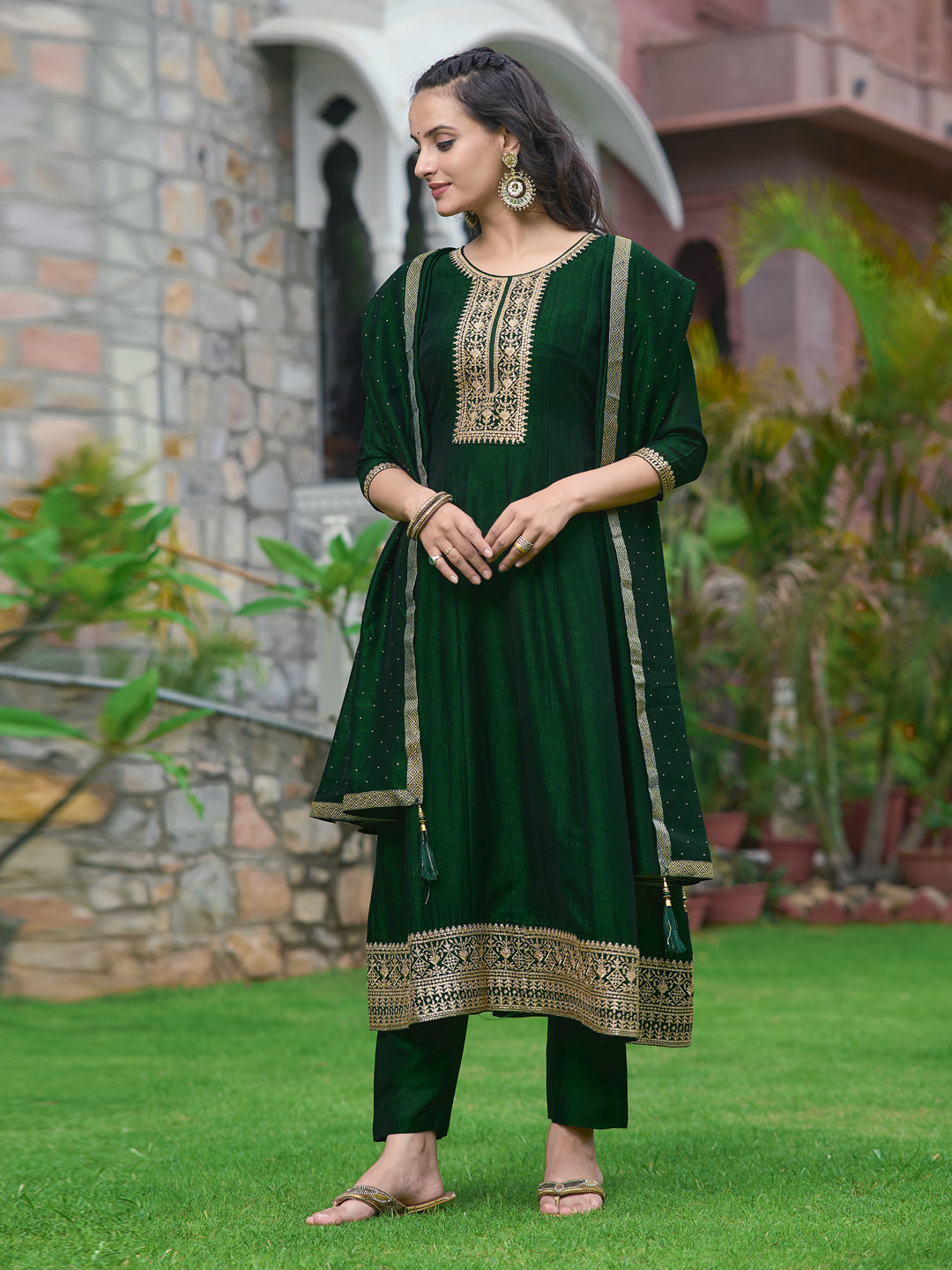 Anarkali Embroidered Kurta With Pant & Dupatta, Bottle-Green - Hiral Fashion - Distacart