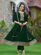 Anarkali Embroidered Kurta With Pant & Dupatta, Bottle-Green - Hiral Fashion - Distacart