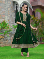 Anarkali Embroidered Kurta With Pant & Dupatta, Bottle-Green - Hiral Fashion - Distacart