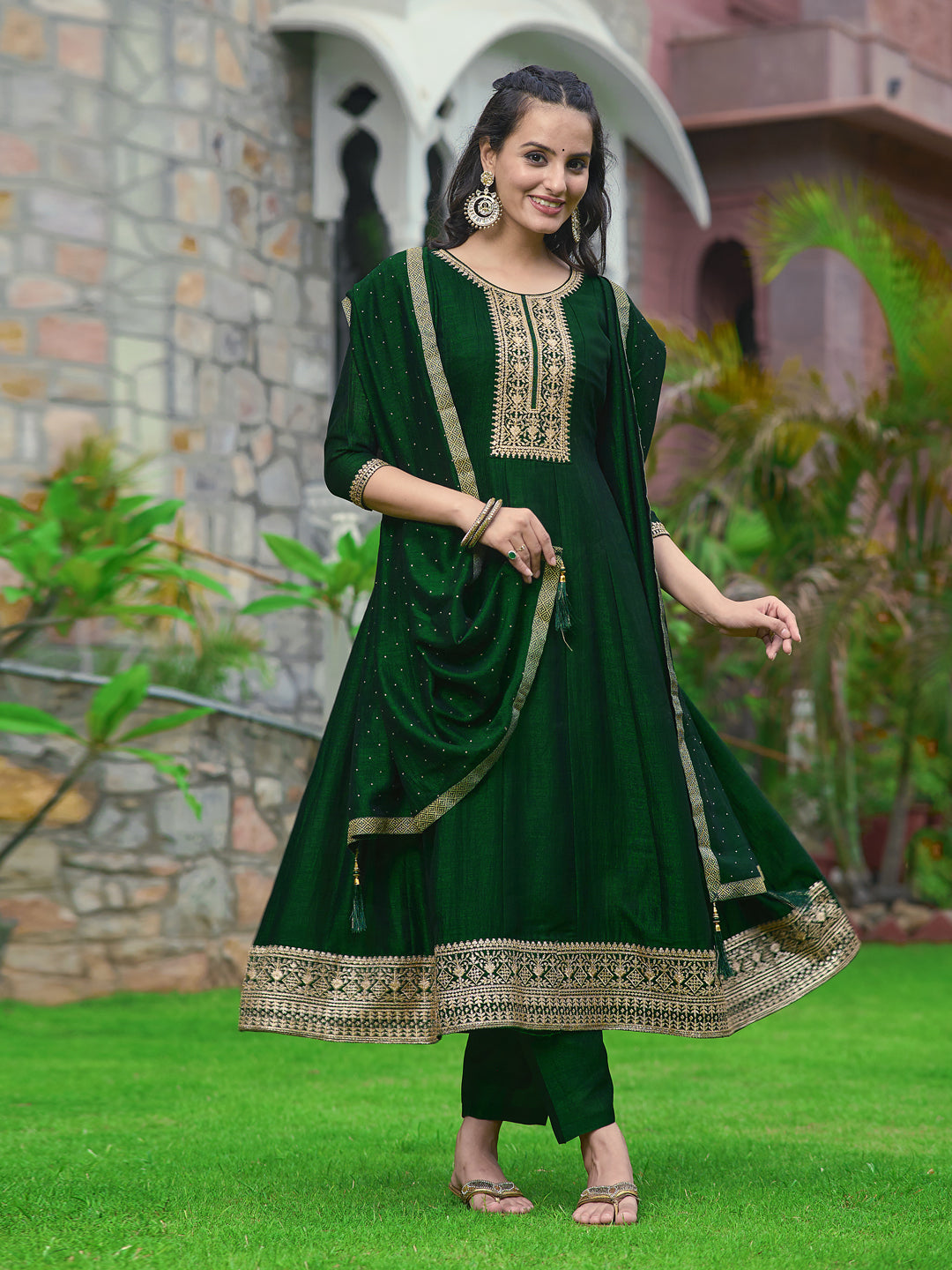 Anarkali Embroidered Kurta With Pant & Dupatta, Bottle-Green - Hiral Fashion - Distacart