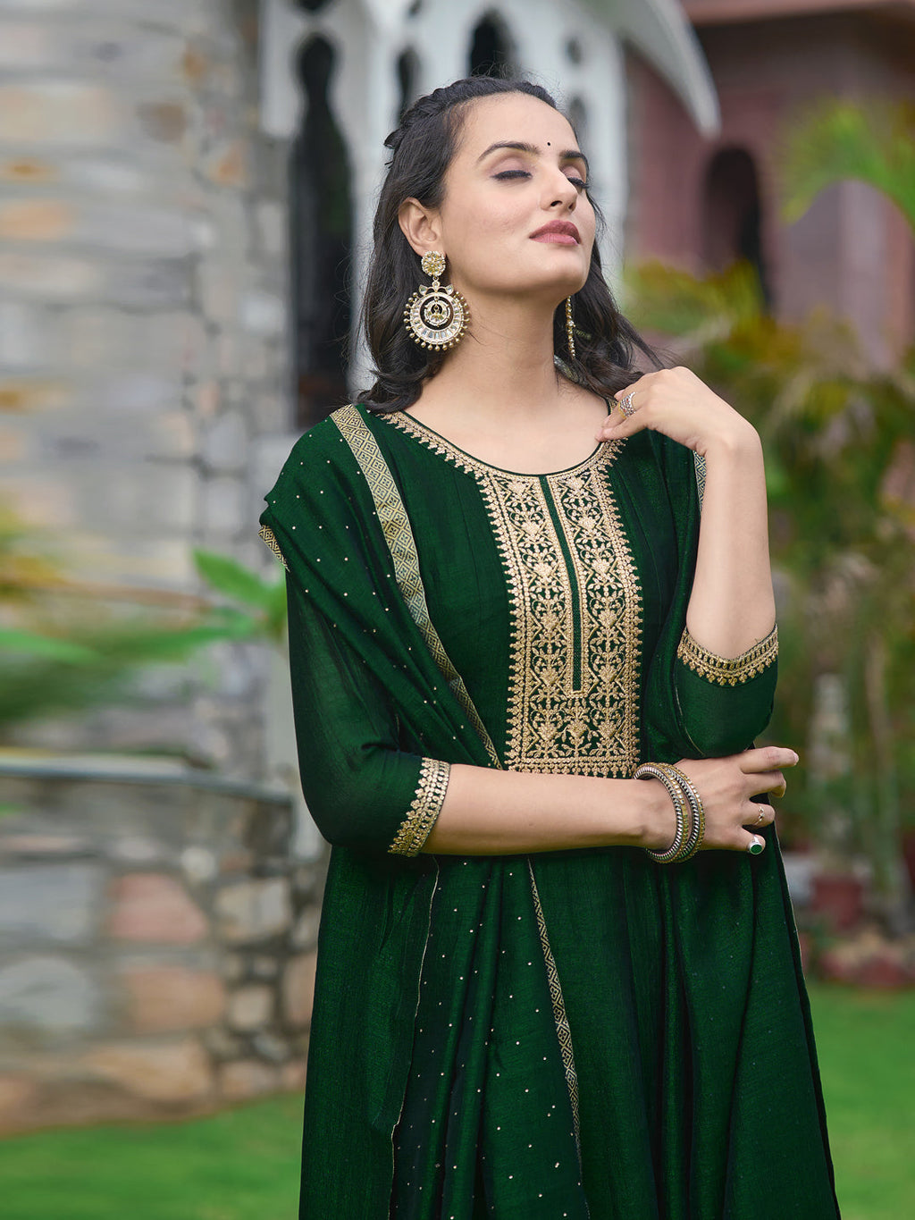 Anarkali Embroidered Kurta With Pant & Dupatta, Bottle-Green - Hiral Fashion - Distacart