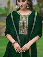 Anarkali Embroidered Kurta With Pant & Dupatta, Bottle-Green - Hiral Fashion - Distacart