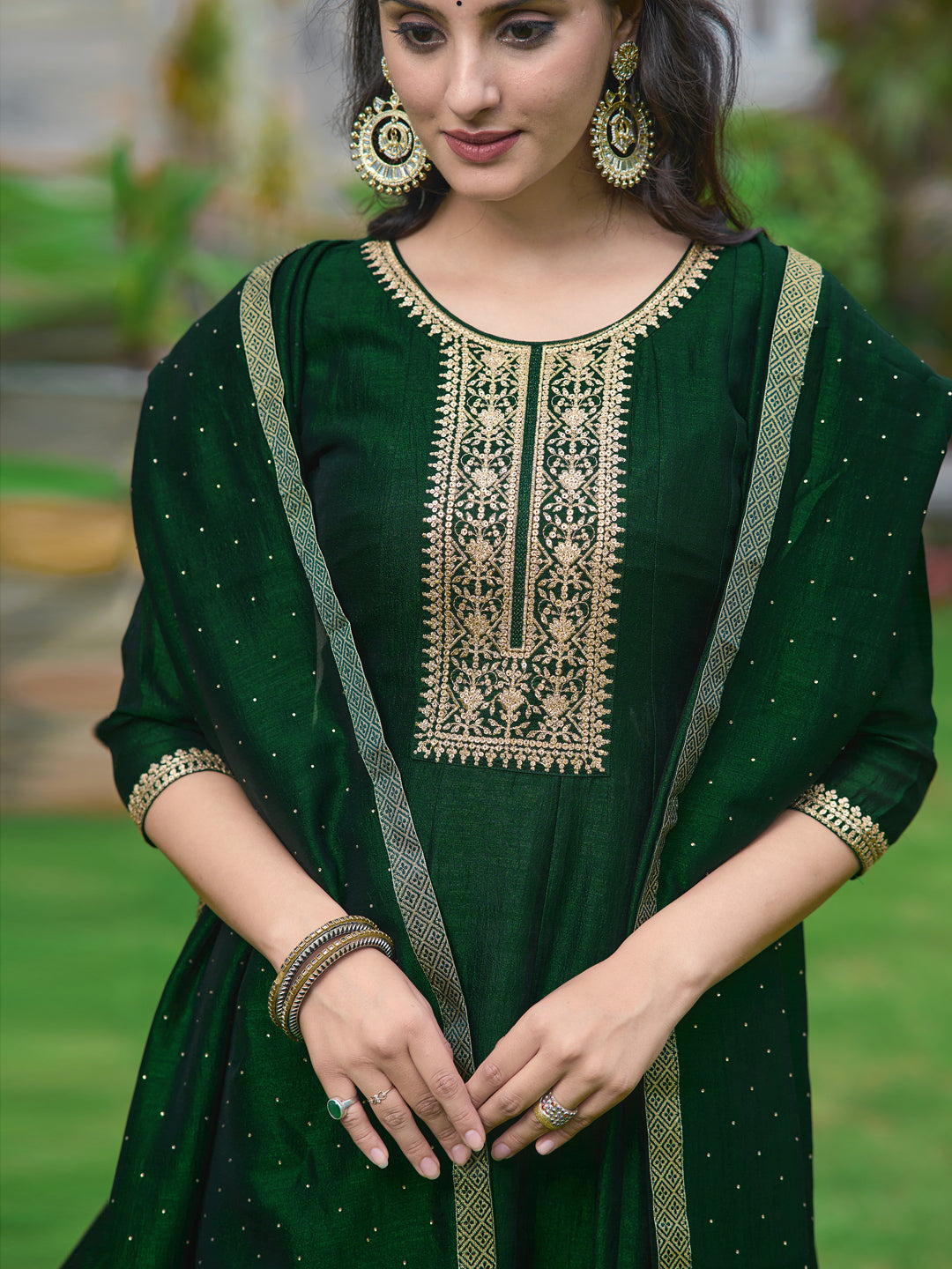 Anarkali Embroidered Kurta With Pant & Dupatta, Bottle-Green - Hiral Fashion - Distacart