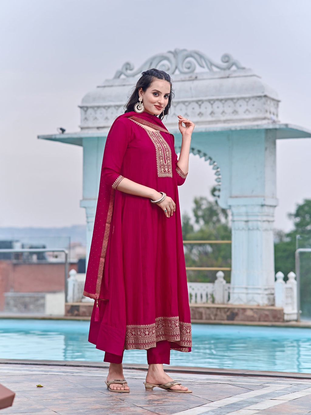 Anarkali Embroidered Kurta With Pant & Dupatta, Pink - Hiral Fashion - Distacart