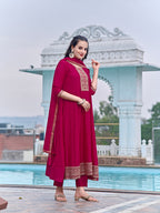 Anarkali Embroidered Kurta With Pant & Dupatta, Pink - Hiral Fashion - Distacart