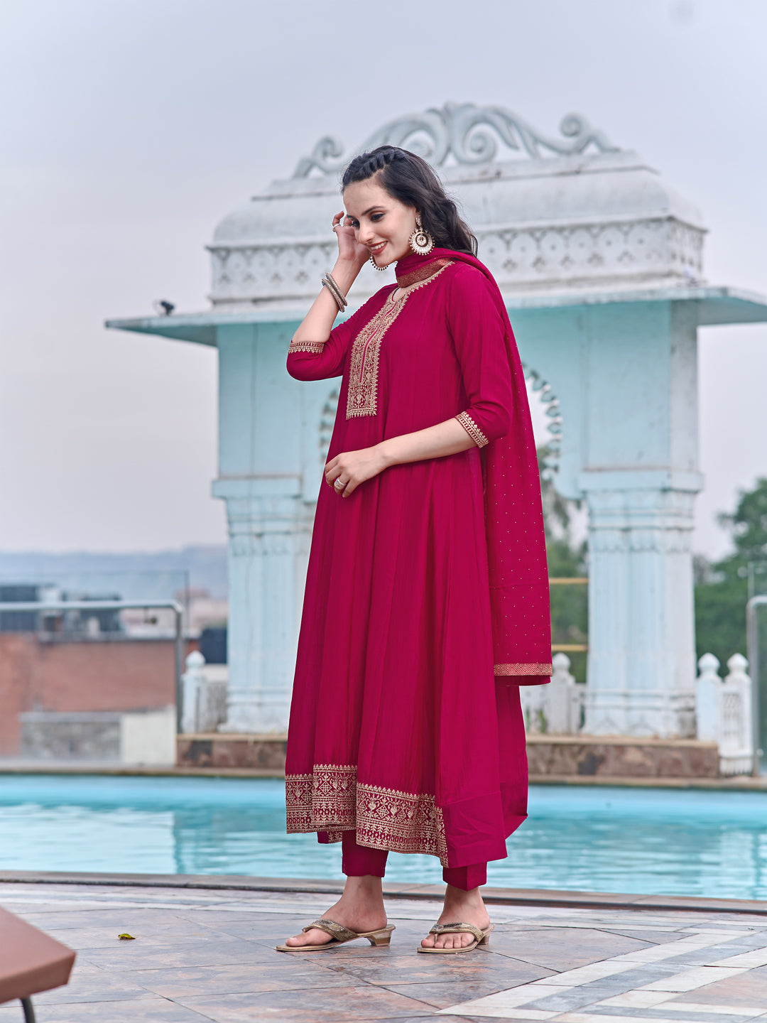 Anarkali Embroidered Kurta With Pant & Dupatta, Pink - Hiral Fashion - Distacart