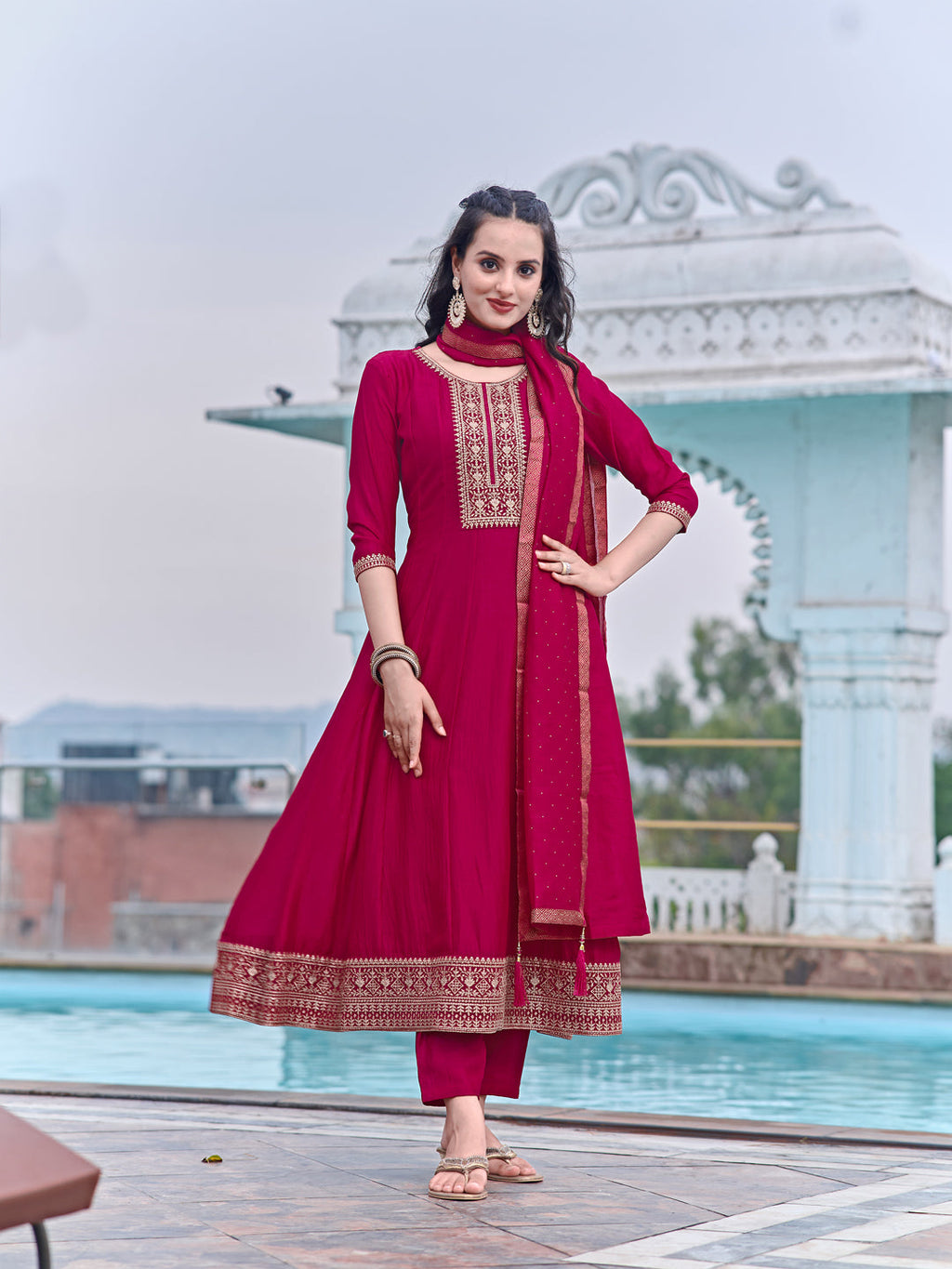 Anarkali Embroidered Kurta With Pant & Dupatta, Pink - Hiral Fashion - Distacart