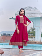 Anarkali Embroidered Kurta With Pant & Dupatta, Pink - Hiral Fashion - Distacart