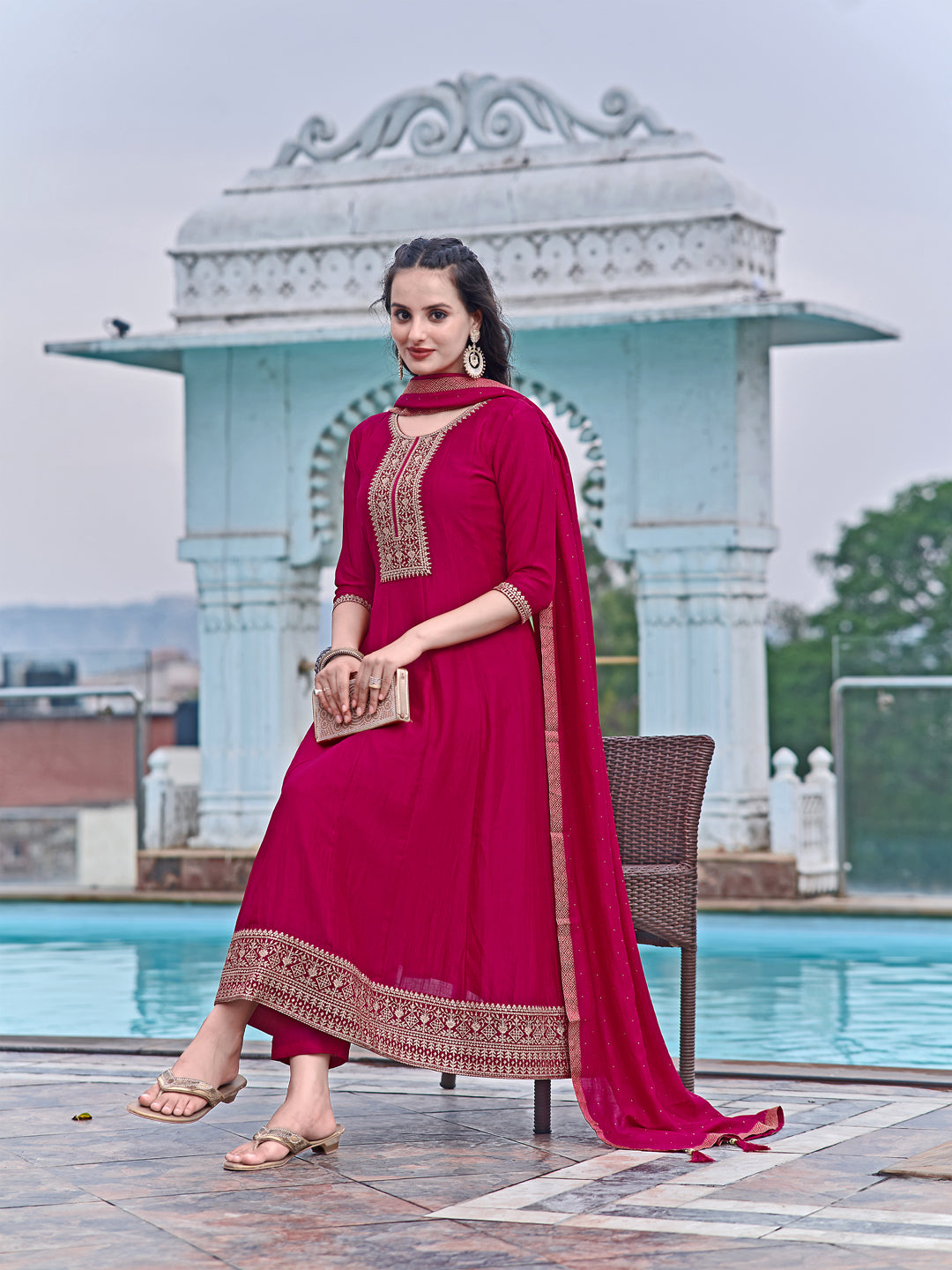 Anarkali Embroidered Kurta With Pant & Dupatta, Pink - Hiral Fashion - Distacart
