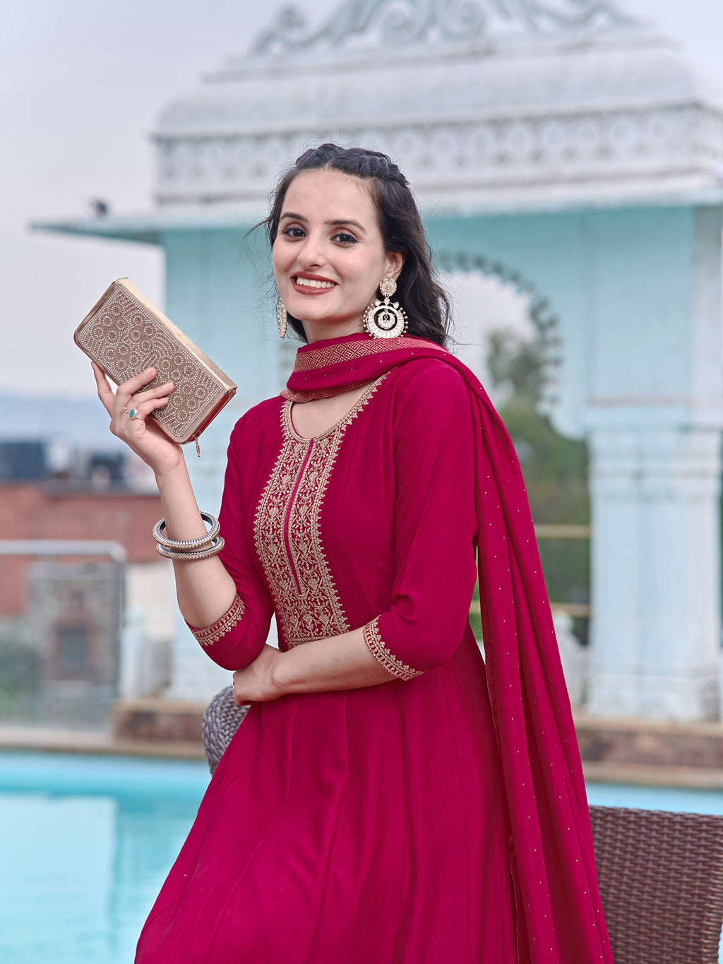 Anarkali Embroidered Kurta With Pant & Dupatta, Pink - Hiral Fashion - Distacart