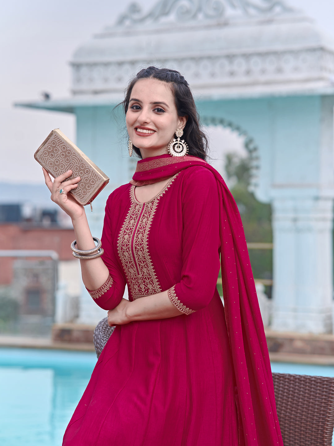 Anarkali Embroidered Kurta With Pant & Dupatta, Pink - Hiral Fashion - Distacart
